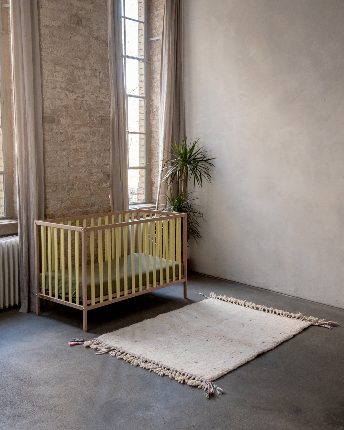Modern, designer, handcrafted Berber rug from Morocco. Beniourain carpet with beautiful colours and patterns and fluffy wool texture.